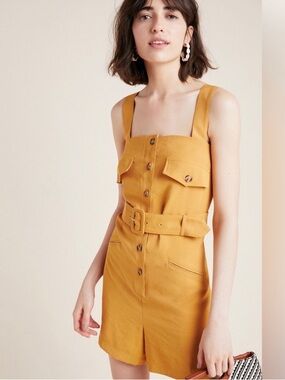 Anthropologie Mustard Yellow Belted Sleeveless Romper
